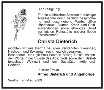 Traueranzeige von Christa Dietrich von ALLGEMEINE ZEITUNG UELZEN