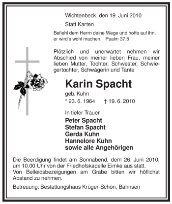 Traueranzeige von Karin Spacht von ALLGEMEINE ZEITUNG UELZEN