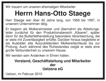 Traueranzeige von Hans-Otto Staege von ALLGEMEINE ZEITUNG UELZEN