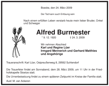 Traueranzeige von Alfred Burmester von ALLGEMEINE ZEITUNG UELZEN