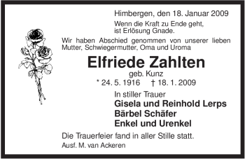 Traueranzeige von Elfriede Zahlten von ALLGEMEINE ZEITUNG UELZEN