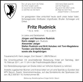 Traueranzeige von Fritz Rudnick von ALLGEMEINE ZEITUNG UELZEN