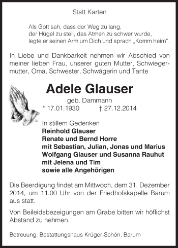 Traueranzeige von Adele Glauser von Uelzen