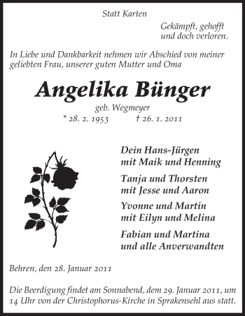 Traueranzeige von Angelika Bünger von ALLGEMEINE ZEITUNG UELZEN