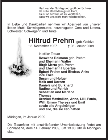 Traueranzeige von Hiltrud Prehm von ALLGEMEINE ZEITUNG UELZEN