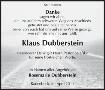 Traueranzeige von Klaus Dubberstein von ALLGEMEINE ZEITUNG UELZEN