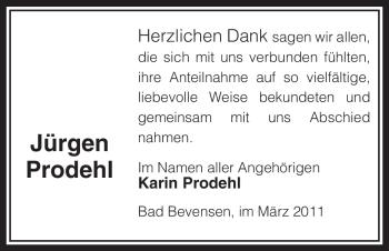 Traueranzeige von Jürgen Prodehl von ALLGEMEINE ZEITUNG UELZEN