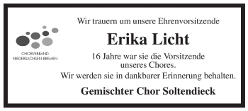 Traueranzeige von Erika Licht von ALLGEMEINE ZEITUNG UELZEN