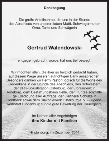 Traueranzeige von Gertrud Walendowski von ALLGEMEINE ZEITUNG UELZEN