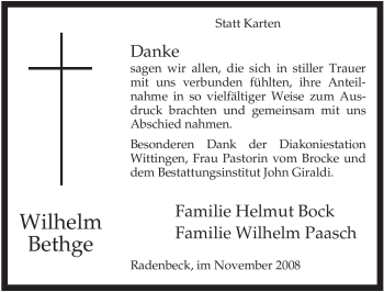 Traueranzeige von Wilhelm Bethge von ALLGEMEINE ZEITUNG UELZEN