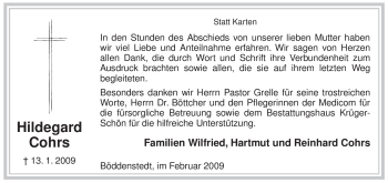 Traueranzeige von Hildegard Cohrs von ALLGEMEINE ZEITUNG UELZEN