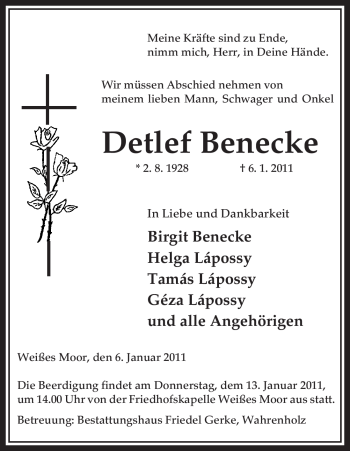 Traueranzeige von Detlef Benecke von ALLGEMEINE ZEITUNG UELZEN