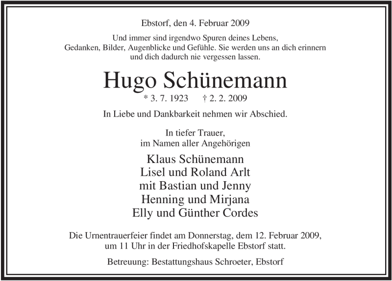  Traueranzeige für Hugo Schünemann vom 04.02.2009 aus ALLGEMEINE ZEITUNG UELZEN