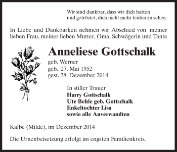 Traueranzeige von Anneliese Gottschalk von Uelzen