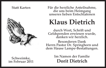 Traueranzeige von Klaus Dietrich von ALLGEMEINE ZEITUNG UELZEN