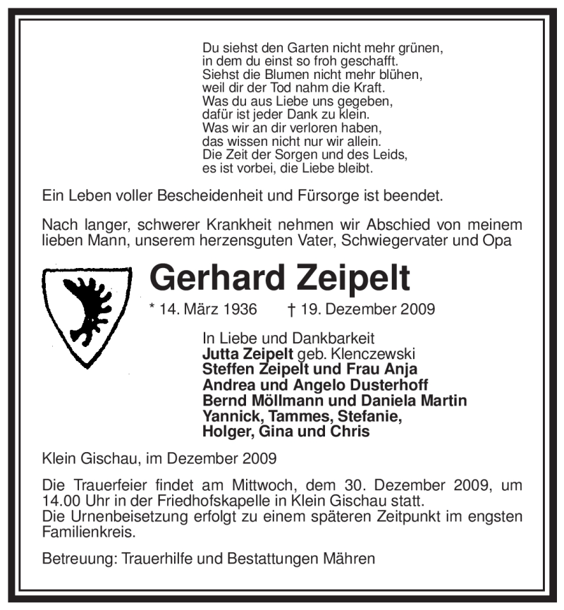  Traueranzeige für Gerhard Zeipelt vom 22.12.2009 aus ALLGEMEINE ZEITUNG UELZEN