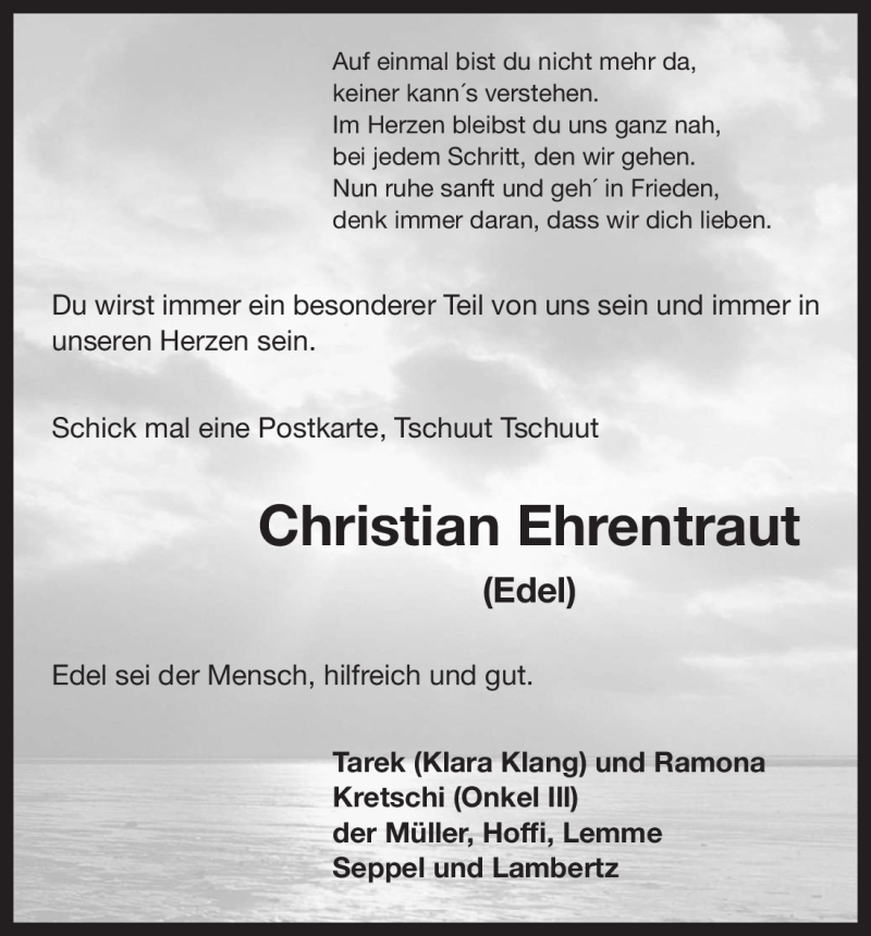  Traueranzeige für Christian Ehrentraut vom 09.02.2011 aus ALLGEMEINE ZEITUNG UELZEN