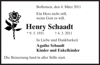 Traueranzeige von Henry Schaadt von ALLGEMEINE ZEITUNG UELZEN