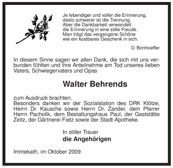 Traueranzeige von Walter Behrends von ALLGEMEINE ZEITUNG UELZEN