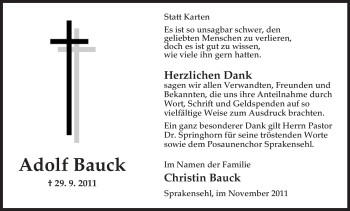 Traueranzeige von Adolf Bauck von ALLGEMEINE ZEITUNG UELZEN