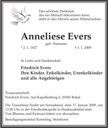 Traueranzeige von Anneliese Evers von ALLGEMEINE ZEITUNG UELZEN