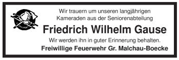 Traueranzeige von Friedrich Wilhelm Gause von ALLGEMEINE ZEITUNG UELZEN