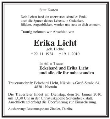 Traueranzeige von Erika Licht von ALLGEMEINE ZEITUNG UELZEN