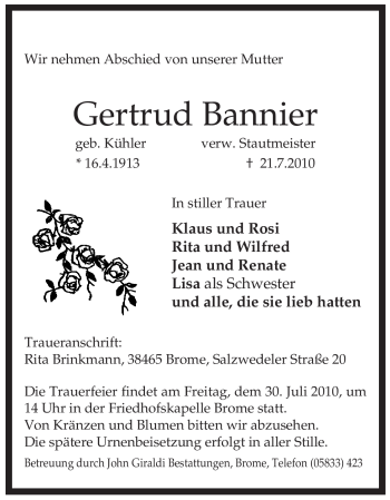 Traueranzeige von Gertrud Bannier von ALLGEMEINE ZEITUNG UELZEN