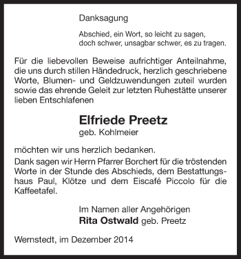 Traueranzeige von Elfriede Preetz von Uelzen