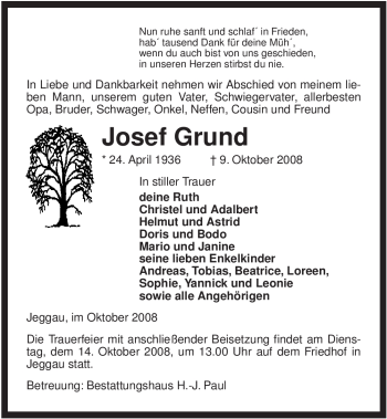 Traueranzeige von Josef Grund von ALLGEMEINE ZEITUNG UELZEN