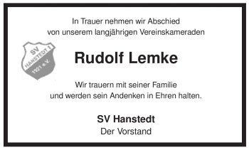 Traueranzeige von Rudolf Lemke von ALLGEMEINE ZEITUNG UELZEN