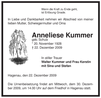 Traueranzeige von Anneliese Kummer von ALLGEMEINE ZEITUNG UELZEN