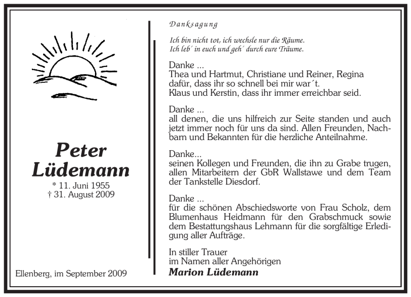  Traueranzeige für Peter Lüdemann vom 19.09.2009 aus ALLGEMEINE ZEITUNG UELZEN