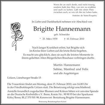 Traueranzeige von Brigitte Hannemann von ALLGEMEINE ZEITUNG UELZEN