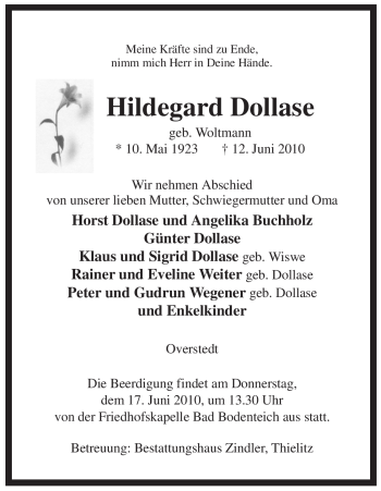 Traueranzeige von Hildegard Dollase von ALLGEMEINE ZEITUNG UELZEN