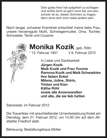 Traueranzeige von Monika Kozik von ALLGEMEINE ZEITUNG UELZEN