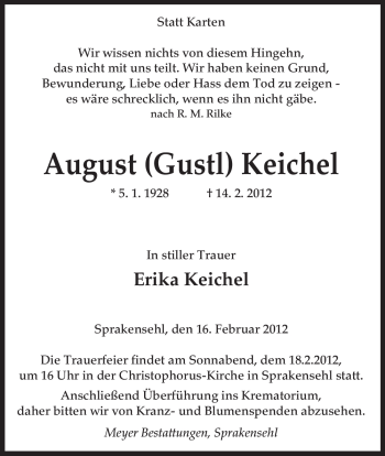 Traueranzeige von August Keichel von ALLGEMEINE ZEITUNG UELZEN