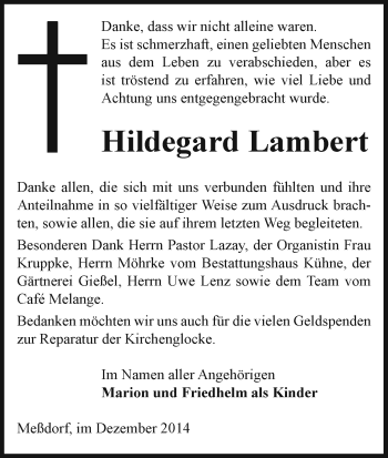 Traueranzeige von Hildegard Lambert von Uelzen