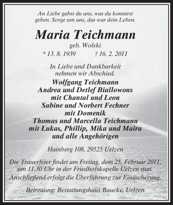 Traueranzeige von Maria Teichmann von ALLGEMEINE ZEITUNG UELZEN