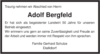 Traueranzeige von Adolf Bergfeld von ALLGEMEINE ZEITUNG UELZEN