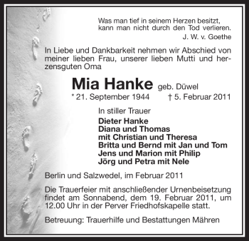 Traueranzeige von Mia Hanke von ALLGEMEINE ZEITUNG UELZEN