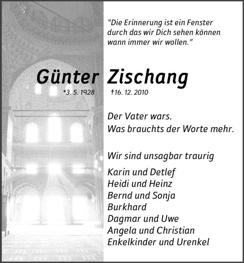  Traueranzeige für Günter Zischang vom 18.12.2010 aus ALLGEMEINE ZEITUNG UELZEN