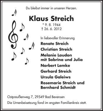 Traueranzeige von Klaus Streich von ALLGEMEINE ZEITUNG UELZEN