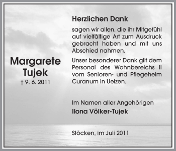 Traueranzeige von Margarete Tujek von ALLGEMEINE ZEITUNG UELZEN