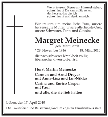 Traueranzeige von Margret Meinecke von ALLGEMEINE ZEITUNG UELZEN