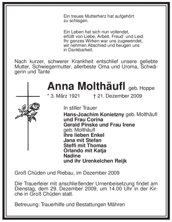 Traueranzeige von Anna Molthäufl von ALLGEMEINE ZEITUNG UELZEN