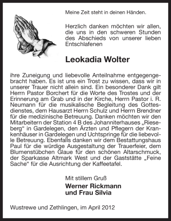 Traueranzeige von Leokadia Wolter von ALLGEMEINE ZEITUNG UELZEN