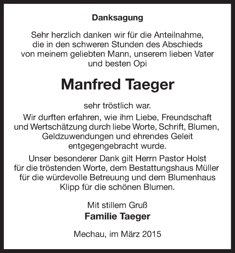 Traueranzeige für Manfred Taeger vom 17.03.2015 aus Uelzen