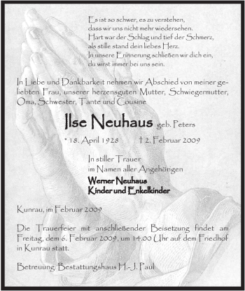 Traueranzeige von Ilse Neuhaus von ALLGEMEINE ZEITUNG UELZEN