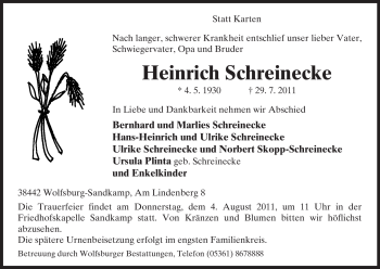 Traueranzeige von Heinrich Schreinecke von ALLGEMEINE ZEITUNG UELZEN